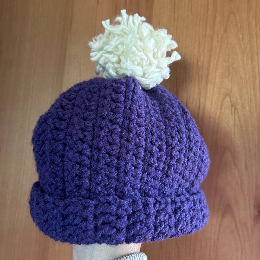 6 month old cozy Purple knit beanie cream Pom-Pom hat handmade